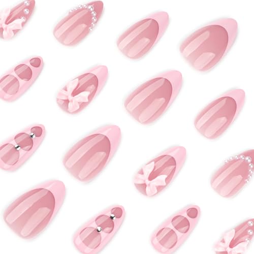 BSBTBZ 24Pcs Pink French Tip Press-On Nails with Pearls & Rhinestones, Medium Almond, Bow Style 2
