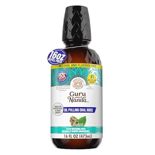 GuruNanda Farmed Mint Oil Pulling Mouthwash for Complete Oral Hygiene, 7 Essential Oils & Vitamins for Happy Teeth & Gums & Fresh Breath, Alcohol-Free, 16 oz