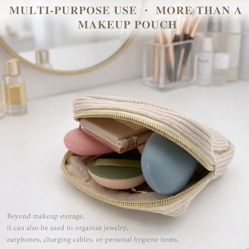 Beige Mini Corduroy Makeup Bag with Zipper and Pockets