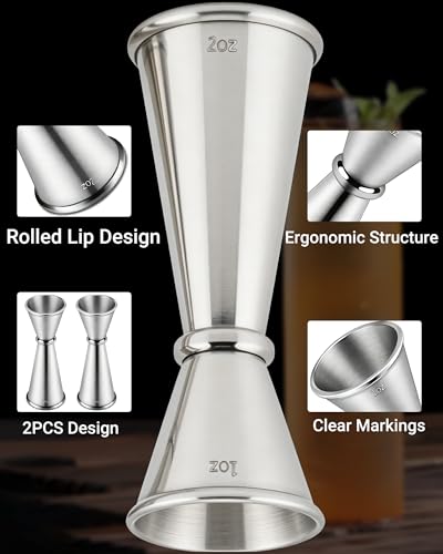 Goldelith Stainless Steel Cocktail Jigger Set - 1oz/2oz Measuring Cups for Bartending