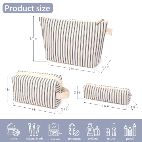 Beayuva 3-Piece Canvas Makeup & Toiletry Bag Set - Blue Pinstripes, Travel Organizer