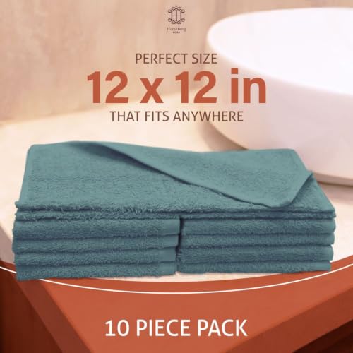 HomeBurg Teal Cotton Washcloths 10-Pack - Soft, Absorbent Bathroom & Kitchen Towels, 12x12 Inches
