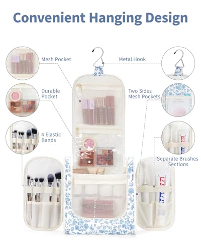 Narwey Large Hanging Toiletry Bag – Blue Flower Travel Organizer