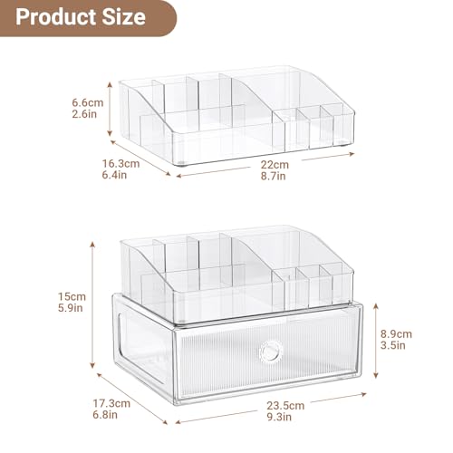 HOMETUK 2-Tier Clear Makeup Organizer with Drawer for Vanity and Bathroom