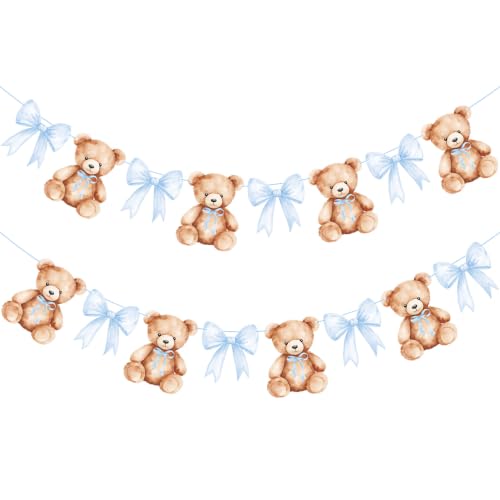 Teddy Bear Baby Shower Banner Set - 2PCS with Blue Bows