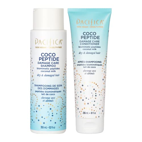 Pacifica Coco Peptide Damage Care Shampoo & Conditioner Set - 20 Fl Oz, Repair & Strengthen Damaged Hair, Vegan, Sulfate-Free