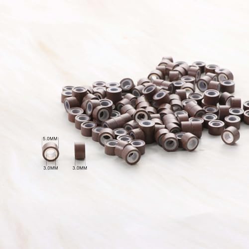 1000pcs 5mm Brown Extension Beads,Silicone Lined Micro Rings,MicroLink I Tip Weft Sew in Beads for Fairy/Hair Tinsel and Feathers Extensions