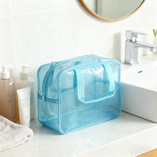 TotePrint Blue Waterproof Iridescent Travel Toiletry Bag for Men & Women - 11.81x5.12x8.27in, Portable Cosmetic Organizer with Handle