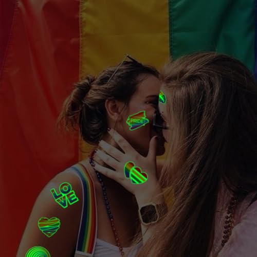 CHARLENT Glow in The Dark Rainbow Temporary Tattoos - Waterproof & Easy to Remove, 74 Styles for Pride & Parties