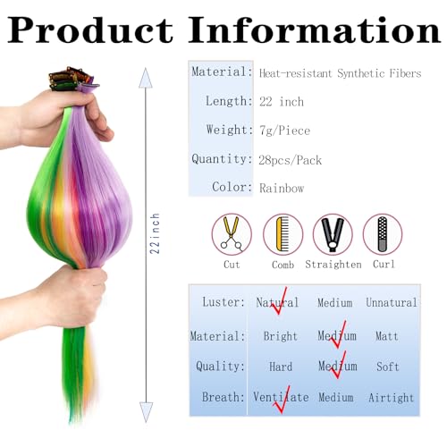 Rainbow-28 Pack Colored Clip-In Hair Extensions 22 Inch for Women & Parties