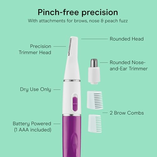 Conair Precision Eyebrow and Facial Trimmer for Women | Pain-free precision groomer with attachments for eyebrows, face, nose, and ears, White/Black, Model LLT2LW4