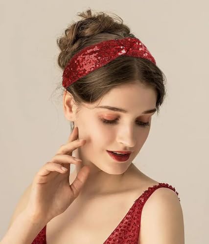 Huachi Sequin Headbands for Women & Girls - Black & Red Holiday Knot Hair Accessories