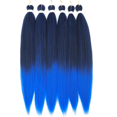 34 Inch Pre-Stretched Braiding Hair #1B/Blue - 6 Packs for Easy Styling