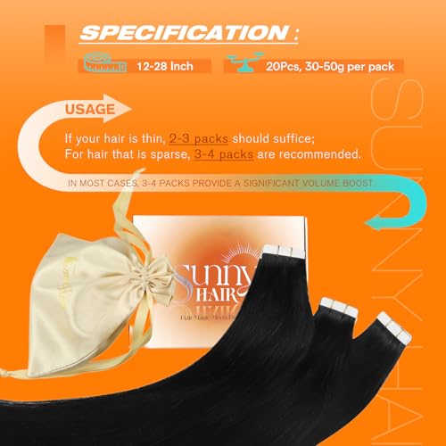 Sunny Hair Tape in Hair Extensions Human Hair 22inch Hair Extensions Real Human Hair Tape in Extensions Jet Black Tape in Extensions for Women 20Pcs 50g