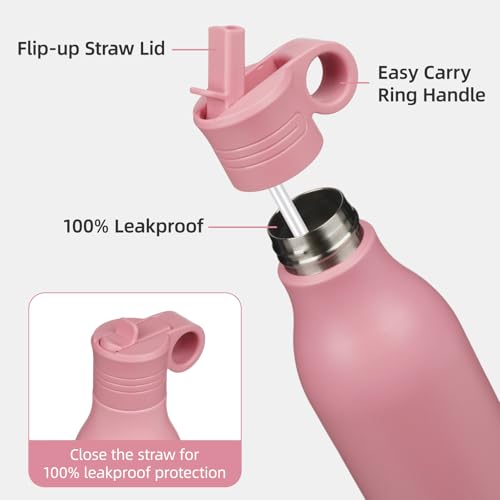 Konokyo 25oz Insulated Pink Water Bottle with Straw - BPA Free, Leak Proof