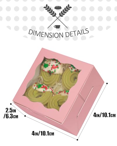qiqee Pink Bakery Box with Window, 30 Pack - 4x4x2.5 Inch Macaron & Donut Boxes