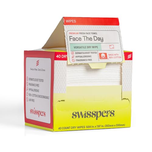 Swisspers Premium 100% Cotton Dry Facial Wipes - Hypoallergenic & Vegan, 40 Count