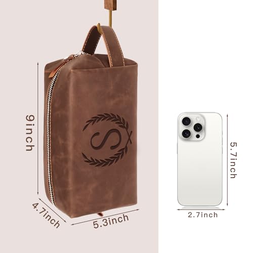 Aganmi Reddish Brown PU Leather Travel Toiletry Bag with Initials - Men's Shaving & Grooming Organizer