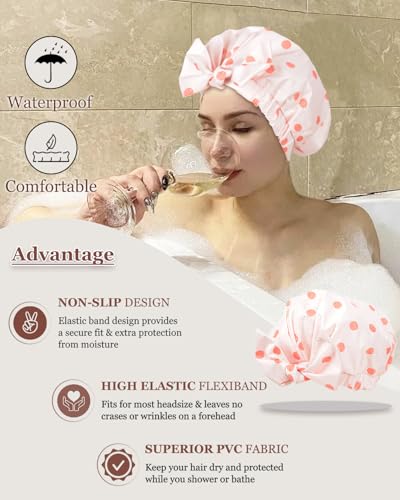 Pink Reusable Waterproof Shower Cap for Women with Adjustable Bowknot - Hair Bath & Hair Care