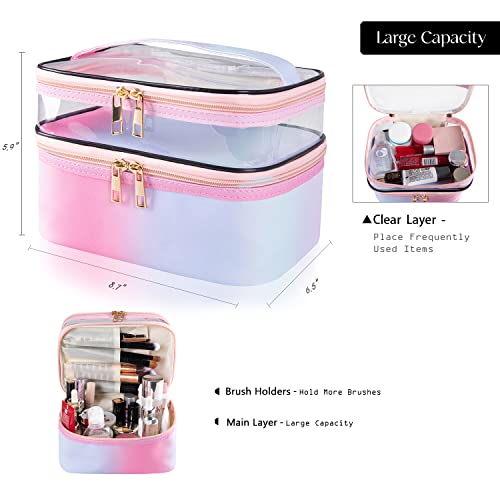 Rainbow Pink Travel Makeup Bag - Portable Waterproof Cosmetic Case