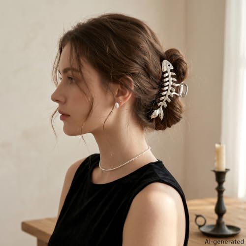 KuuGuu Fish Bone Hair Claw Clips 4-Pack Large Metal Non-Slip Hair Accessories