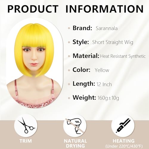 Yellow 12-Inch Synthetic Bob Wig with Flat Bangs for Costume & Parties