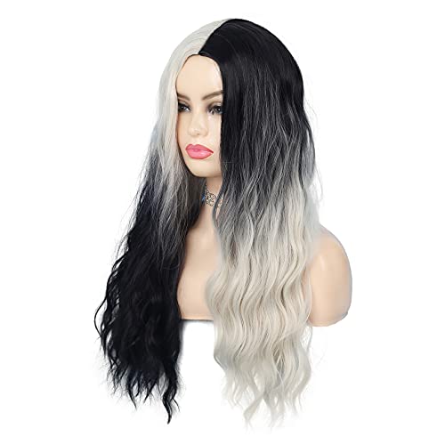 Swiking Half White Half Black Curly Wigs for Women - Long Wave Ombre Synthetic Hair, Party Cosplay