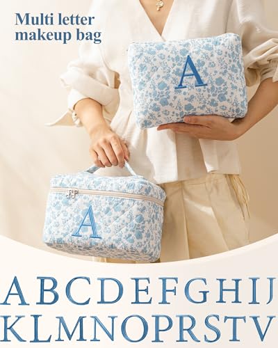 Personalized HBselect Blueflower Makeup Bag Set - 2Pcs Quilted Cosmetic Organizer