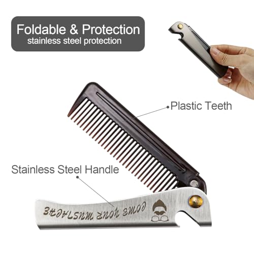 Foldable Stainless Steel 2-in-1 Pocket Comb & Bottle Opener - Travel Grooming Kit for Men, 2 Pack