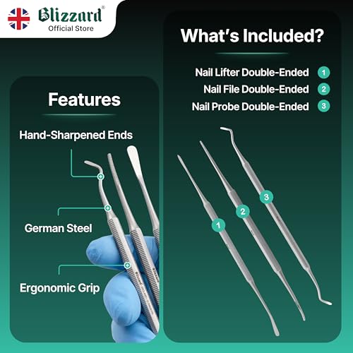 Blizzard 3-Piece Ingrown Toenail Kit - Stainless Steel File & Cleaner Set