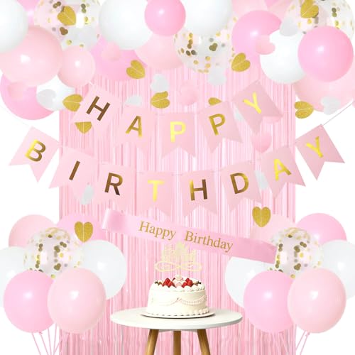 Pink Birthday Decorations Set for Girls & Women - Banner, Balloons, Cake Topper & More
