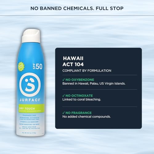 Surface SPF 50 Sunscreen Spray for Body, Unscented, 6oz - Water Resistant & Reef Friendly
