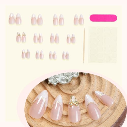 24pcs White French Tip Almond Press-On Nails with 3D Bow