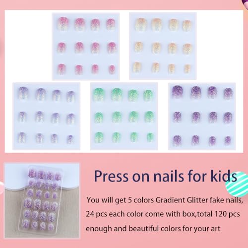 TACITSU 120 Pcs Kids Press-On Nails Set Gradient Glitter - Short Oval Shape