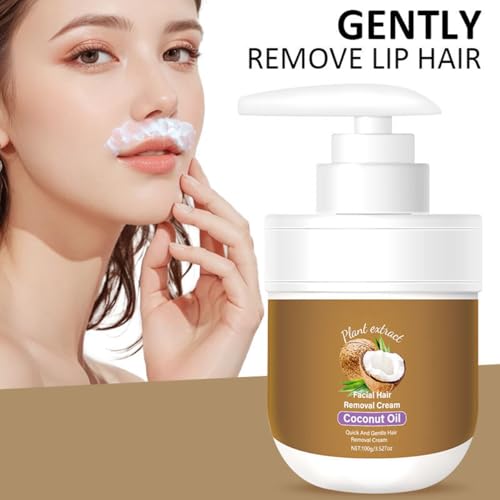 Facial Hair Removal Cream,Coconut Oil Hair Removal Cream for Women for Upper Lip and Chin,Gentle and Non-irritating Remove Excess Hair (3.52 fl oz)