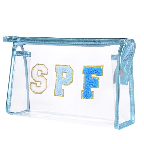 Blue Clear Preppy Makeup Bag with Chenille Letter Patch, Waterproof Travel Toiletry Organizer