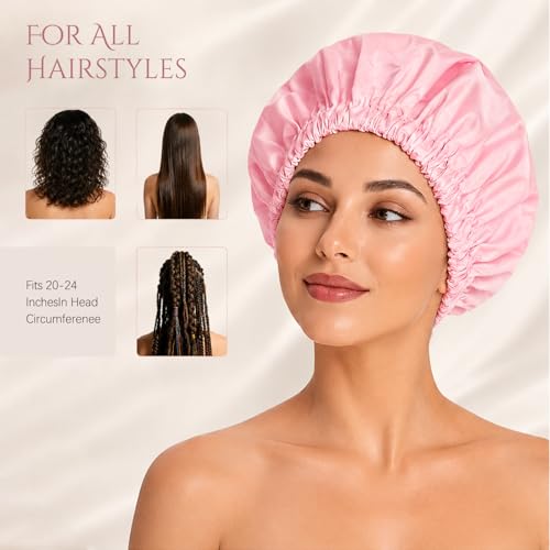 Pink Satin Lined Waterproof Shower Cap for Women - Extra Large, Reusable, Anti-Frizz Hair Protector