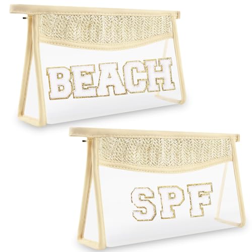 2-Piece Boho Clear Makeup Bag Set with Glitter Chenille Letter Patches