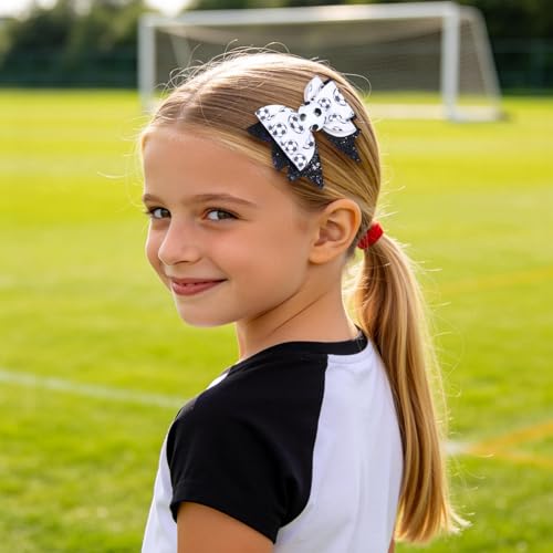 Soccer Cheer Bow Hair Clip for Women Girls Mom - Glitter Black & White Sporty Hair Accessory - Variation of Soccer Bow