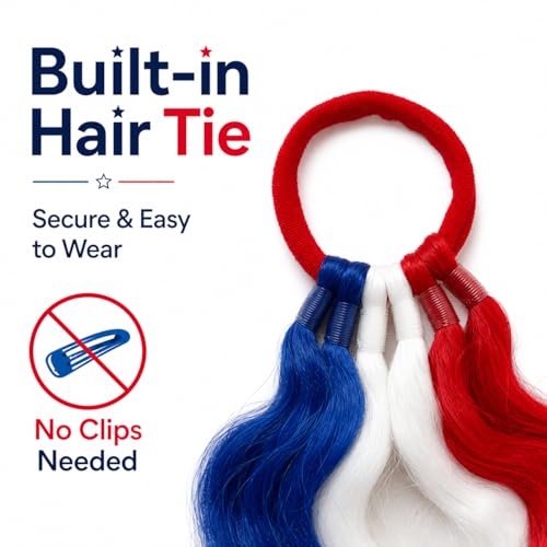 TASHEEMA Red White Blue 18 Inch Curly Ponytail Extensions 2 Pack for 4th of July & Festive Styles