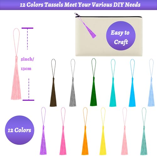 Beige Canvas Makeup Bag with Colorful Tassels - 10 Pack
