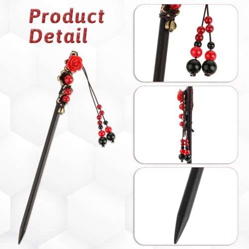2 Pack Retro Chinese Hair Sticks with Red Flower Design