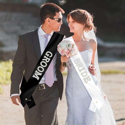 KICOSY Pearl Bride & Groom Sash Set for Wedding & Bachelorette Parties