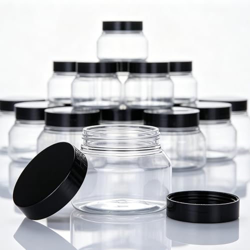 16 Pack 8 oz Plastic Jars with Black Lids, BPA Free Refillable Containers
