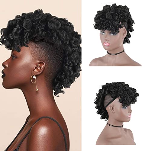 Oseti Curly Mohawk Ponytail Wig with Bangs - 1B Clip-in Afro Faux Hawk