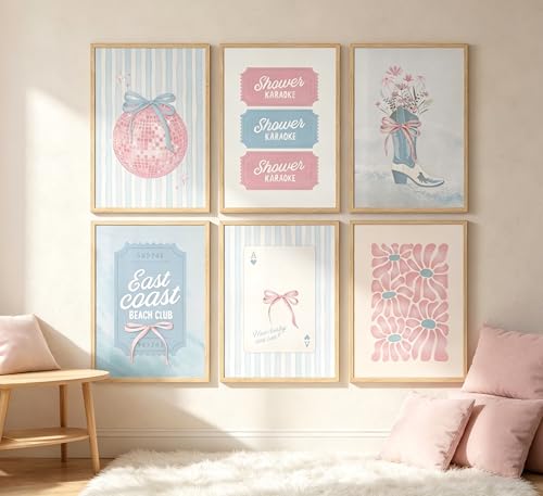 Coastal Cowgirl Wall Art Set - 6 Pink and Blue Posters 8x10