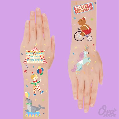Kids Circus Temporary Tattoos with Glitter - 42 Fun Carnival Designs for Parties