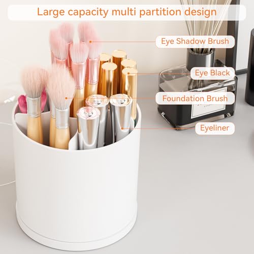 Yieach White Rotating Acrylic Makeup Brush Organizer with Lid, 6 Compartments, Vanity & Bathroom Storage
