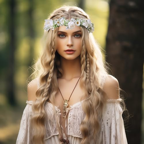 White Flower Crown Rose Floral Headband for Weddings and Parties - Adjustable Headpiece
