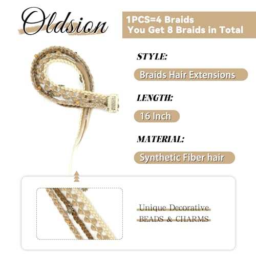 Oldsion 16 Inch Clip-In Braids Dreadlock Extensions with Beads & Chains, Medium Blonde with Pale Highlights, 2PCS